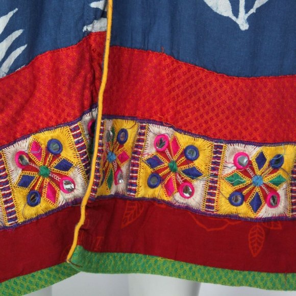 ANORA Blue Batik Leaf Print Mirrored Embroidered Trim India Dress sz L /918 - Picture 5 of 6